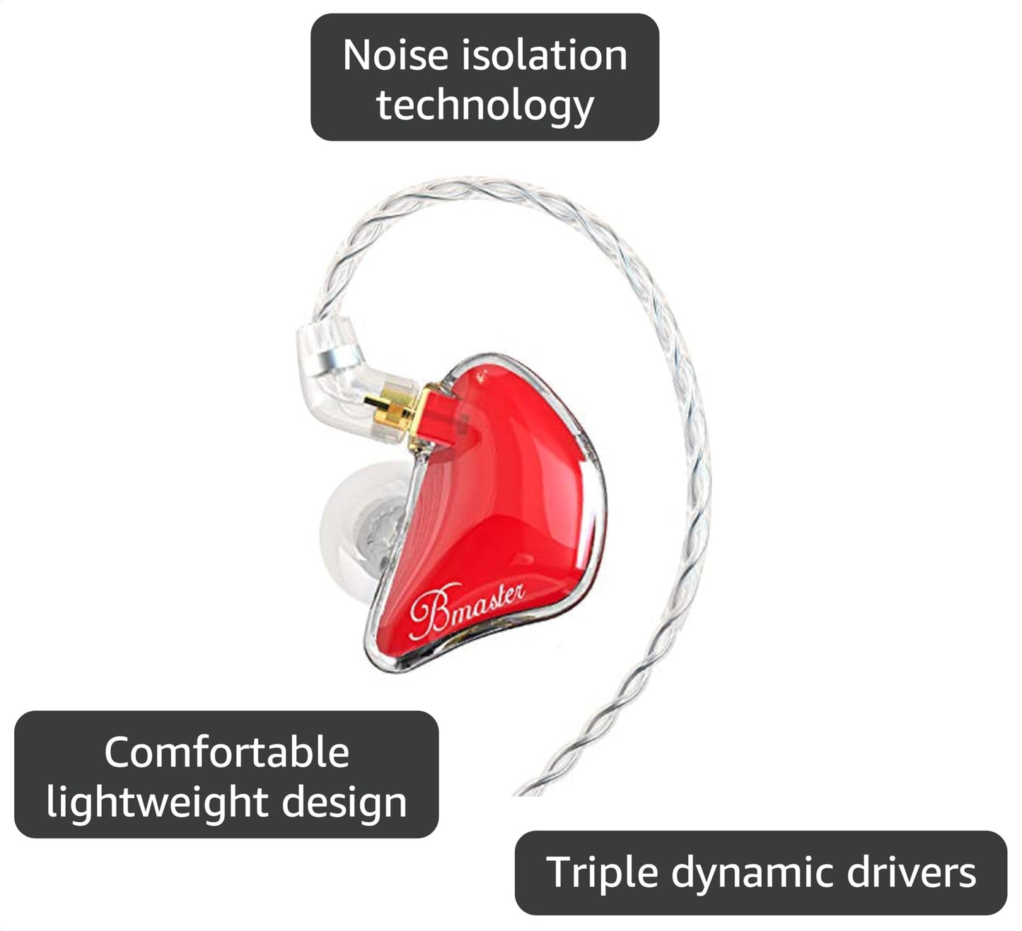 BASN Bmaster in Ear Monitor Musician Headphones Triple Drivers Dynamic Earbuds Sound Isolating Earphones with Two Detachable Audio & Mic Cables (Red)