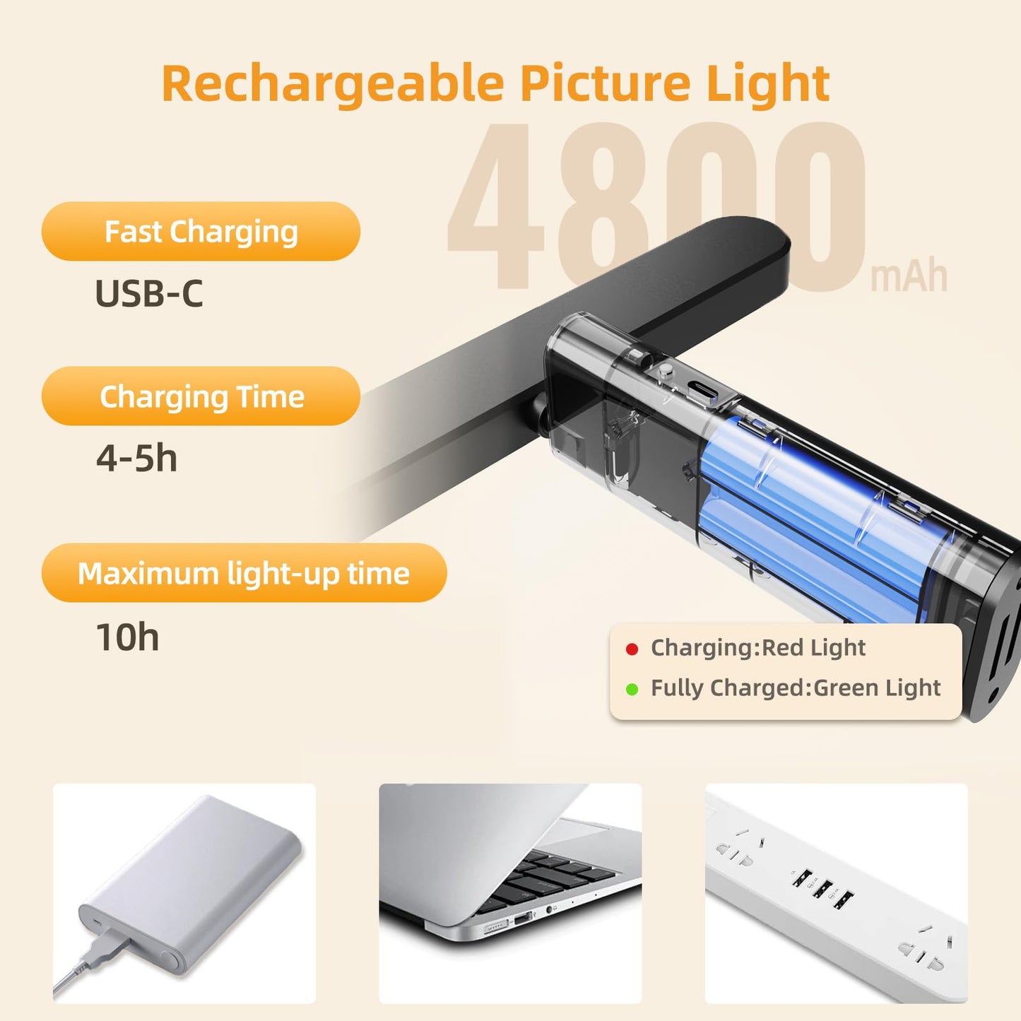 Picture Lights for Wall Battery Operated 4800mAh, 10inch Rechargeable Display Light with Remote/Rotatable, Dimmable/3CCT LED Art Cordless Lamp