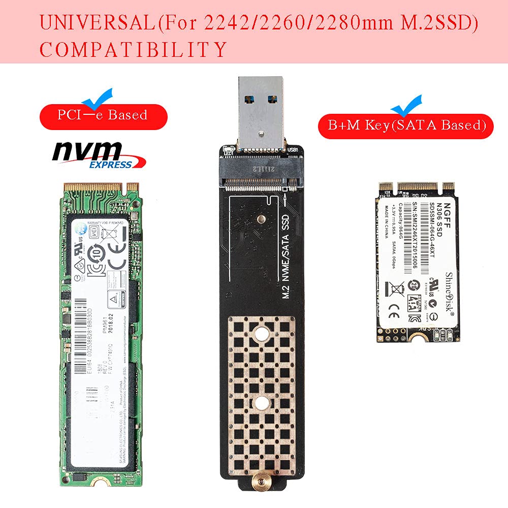 Qphone12 M.2 to USB Adapter, USB3.1 to M.2 NVME Hard Disk Enclosure NGFF PCI-E Protocol, Compatible with NVMe (PCI-e) M Key SSD & (B+M Key SATA Based)