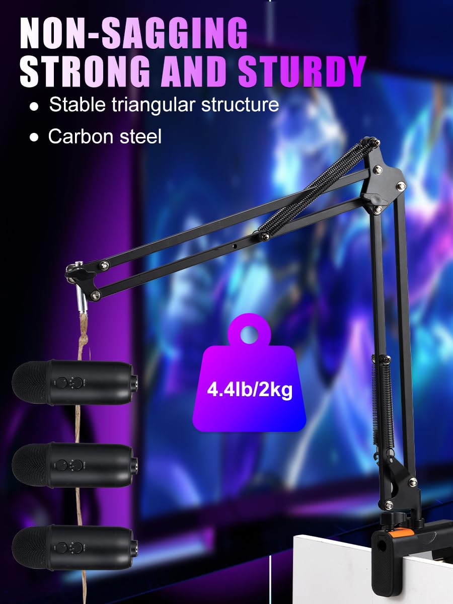 BOSEEN Microphone Boom Arm, Adjustable Suspension Boom Scissor Arm Stand with Heavy Duty Clamp, Pop Filter and Mic Clip Compatible with Yeti, QuadCast