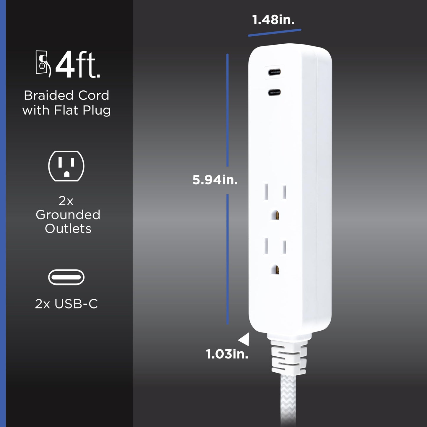 GE 2 USB C Extension Cord Power Strip, 2 Outlets, 4 Ft Braided Cord, Flat Plug, 245 Joules, 12W Charging Power, 16AWG, White, 87434