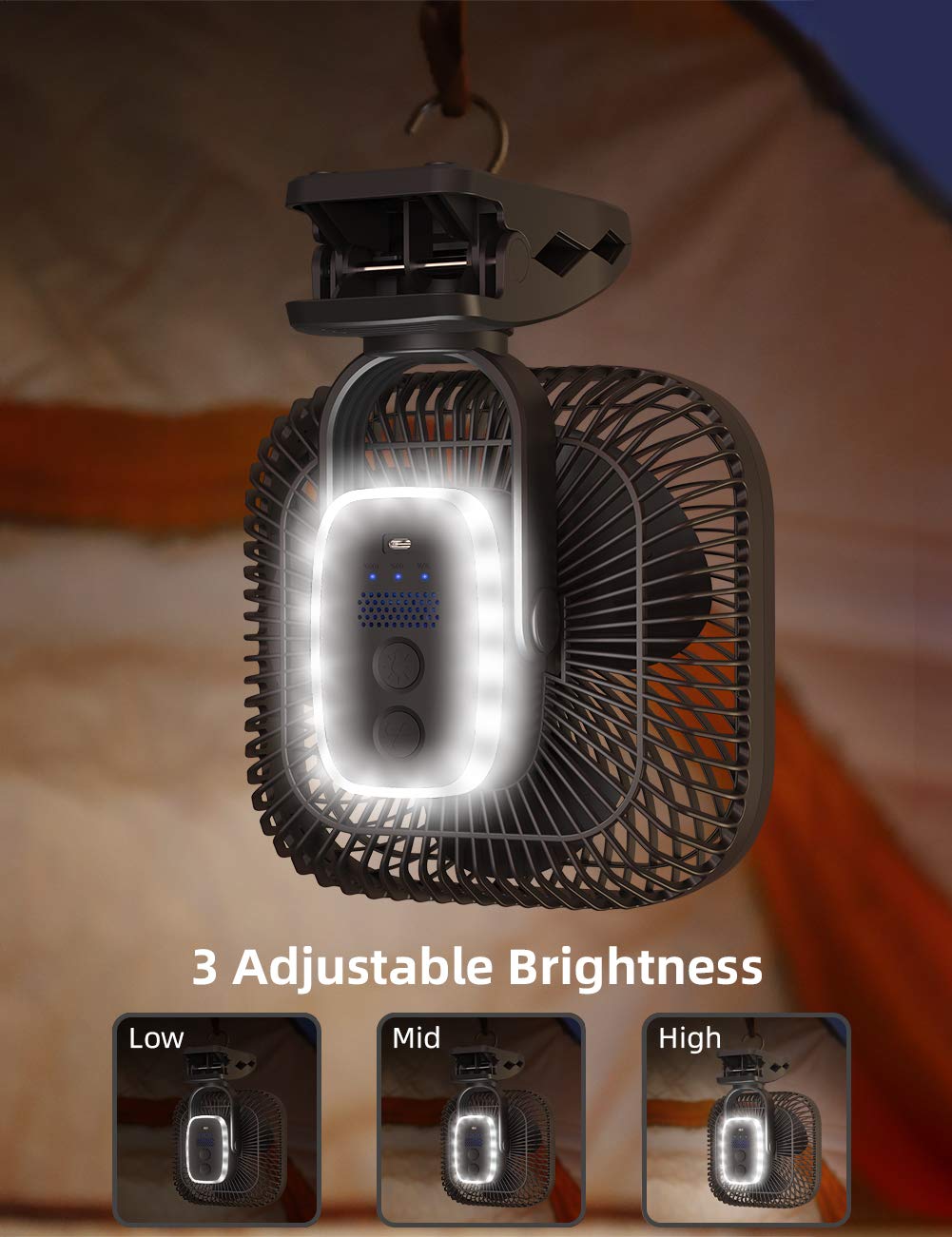 SLENPET 20000mAh Rechargeable Portable Clip-on Fan - Battery Operated, Last 78 Hrs, 4 Speeds with Light & Hook, 8 Inch Personal for Camping, Outdoor