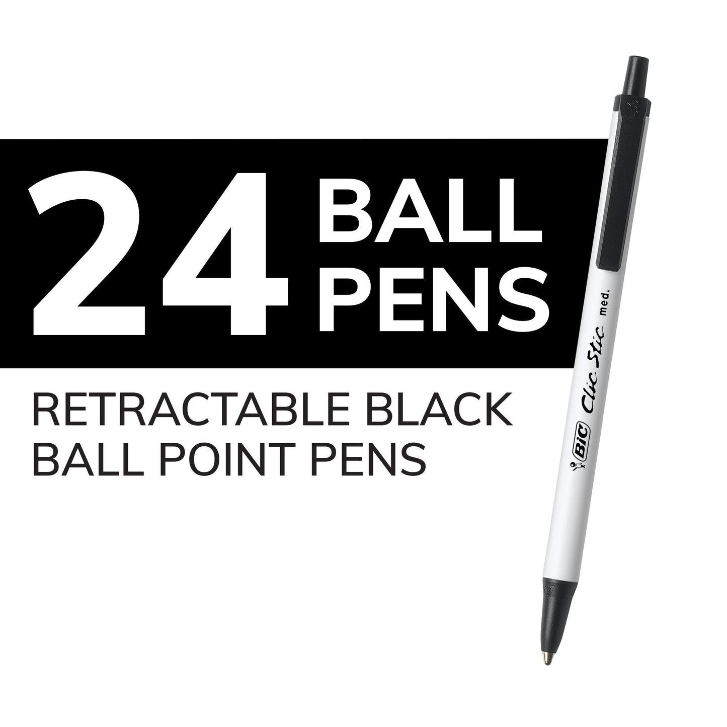 BIC Clic Stic Black Retractable Ballpoint Pens, Medium Point (1.0 mm), School Supplies for Students and Teachers, 24-Count Pack in Black