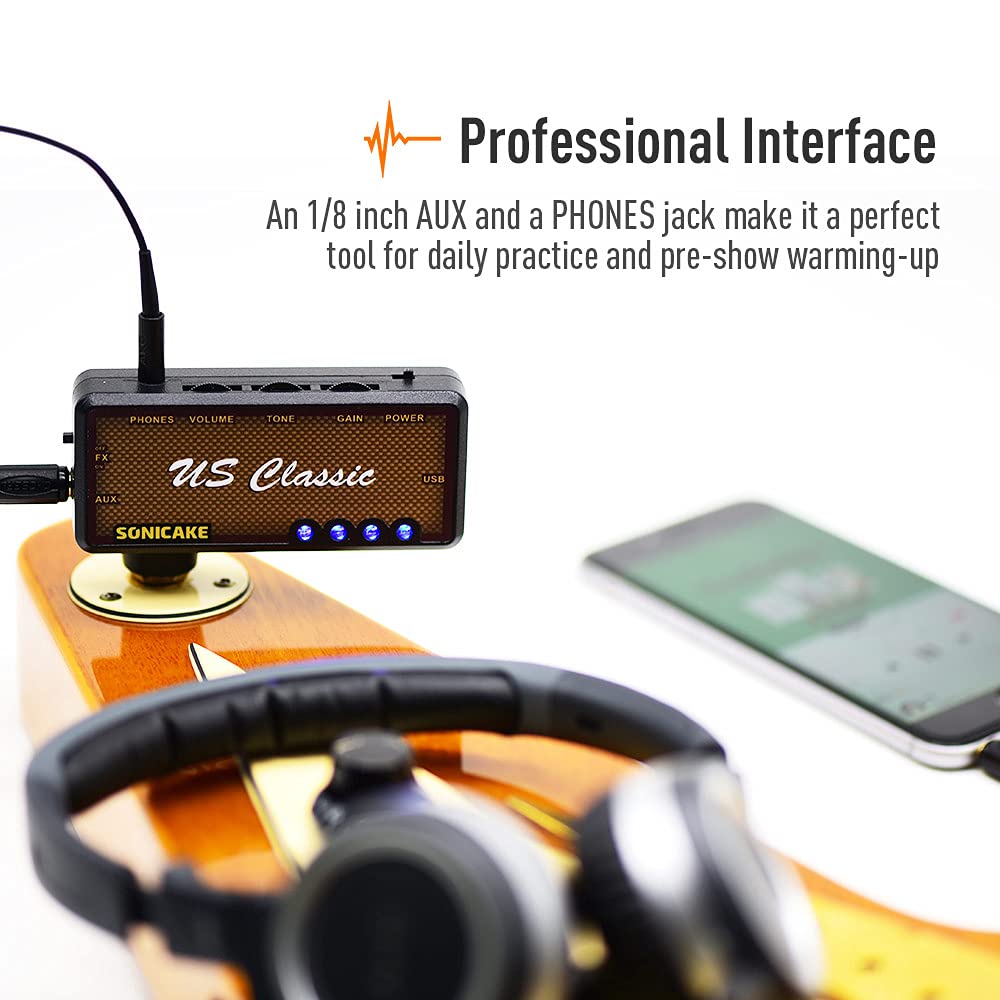 SONICAKE Guitar Headphone Amp Mini Guitar Headphone Amplifier US Classic Rechargeable Plug-in Pocket Overdrive Reverb Effects for Home Silent Practice