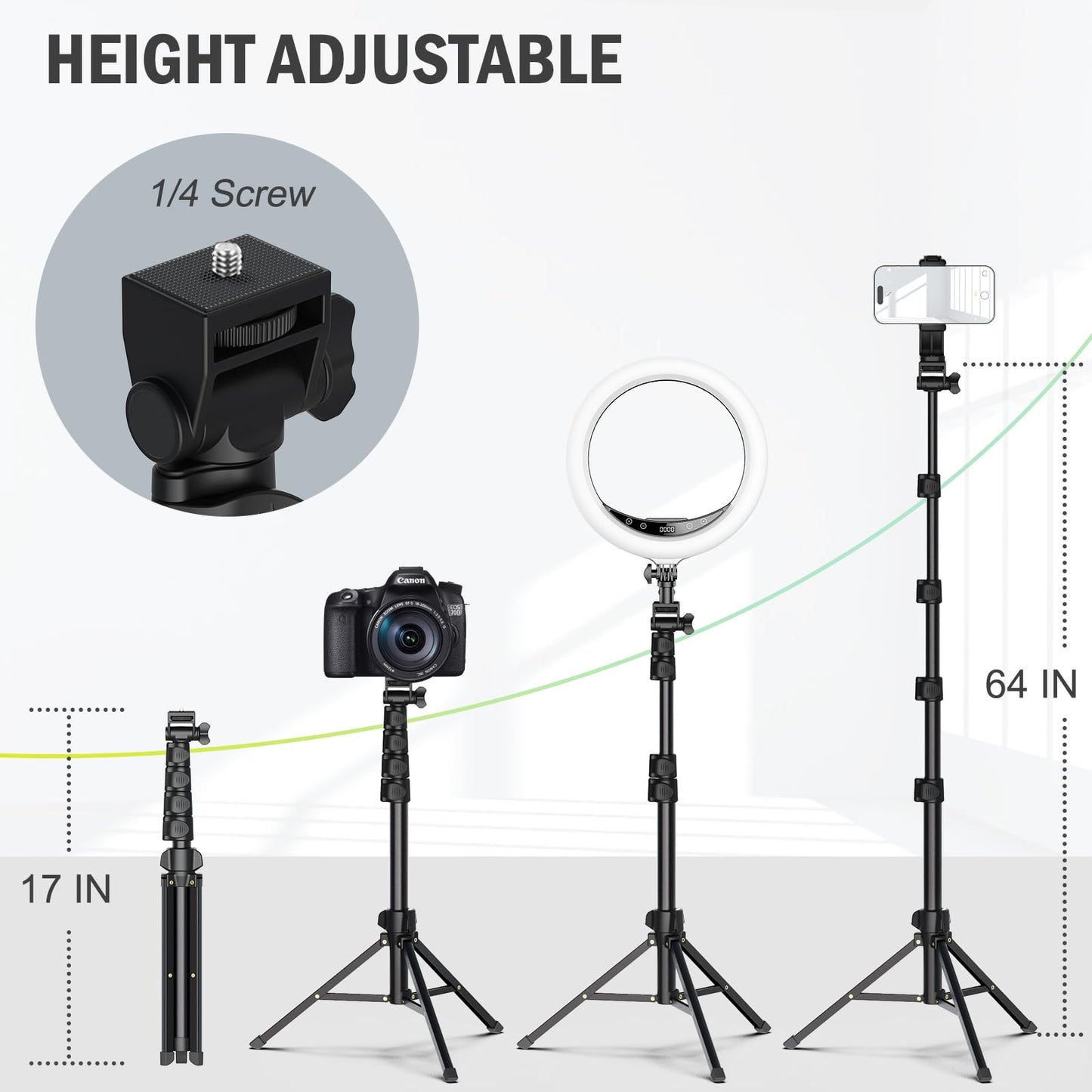 Liphisy 64” Tripod for Cell Phone & Camera, Phone Tripod with Remote and Phone Holder, Sturdy & Stable Height Adjustable Multi-Angle Shot Selfie Stick