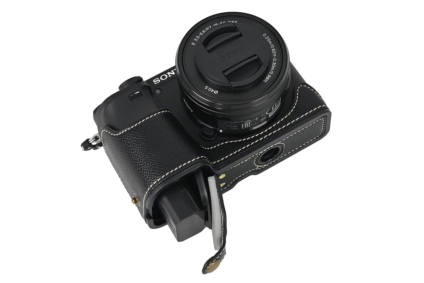 BMAOLLONGB A6400 Case, Handmade PU Carbon Fibre Leather Half Camera Case Bag Cover Bottom Opening Version for Sony Alpha A6400 With Hand Strap (Black)