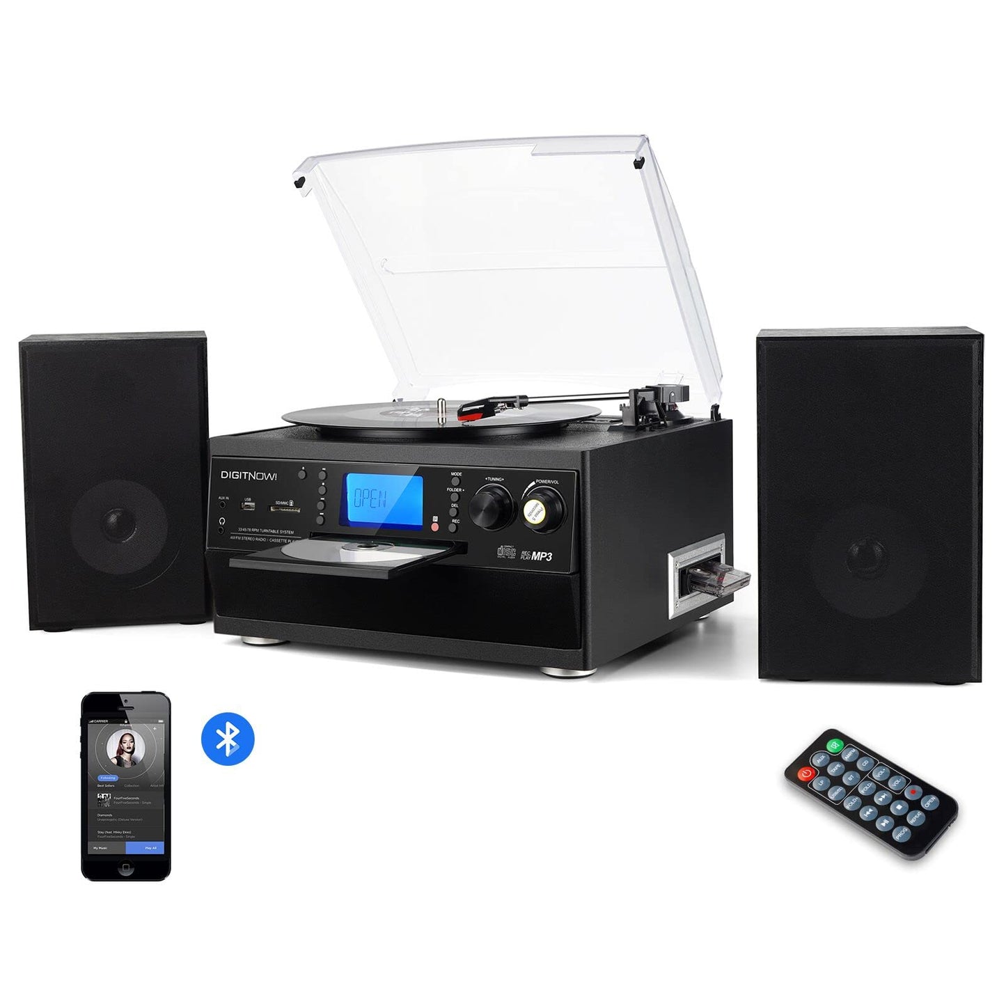 DIGITNOW Bluetooth Record Player Turntable with Stereo Speaker, LP Vinyl to MP3 Converter with CD, Cassette, Radio, Aux in and USB/SD Encoding, Remote