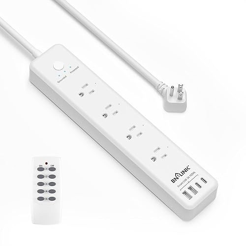 BN-LINK Remote Control Power Strip with 4 Independent Outlets?4 USBs (incl. 20W USB-C), 3.9Ft Extension Cord, 15A/1875W Overload Protection, Wall