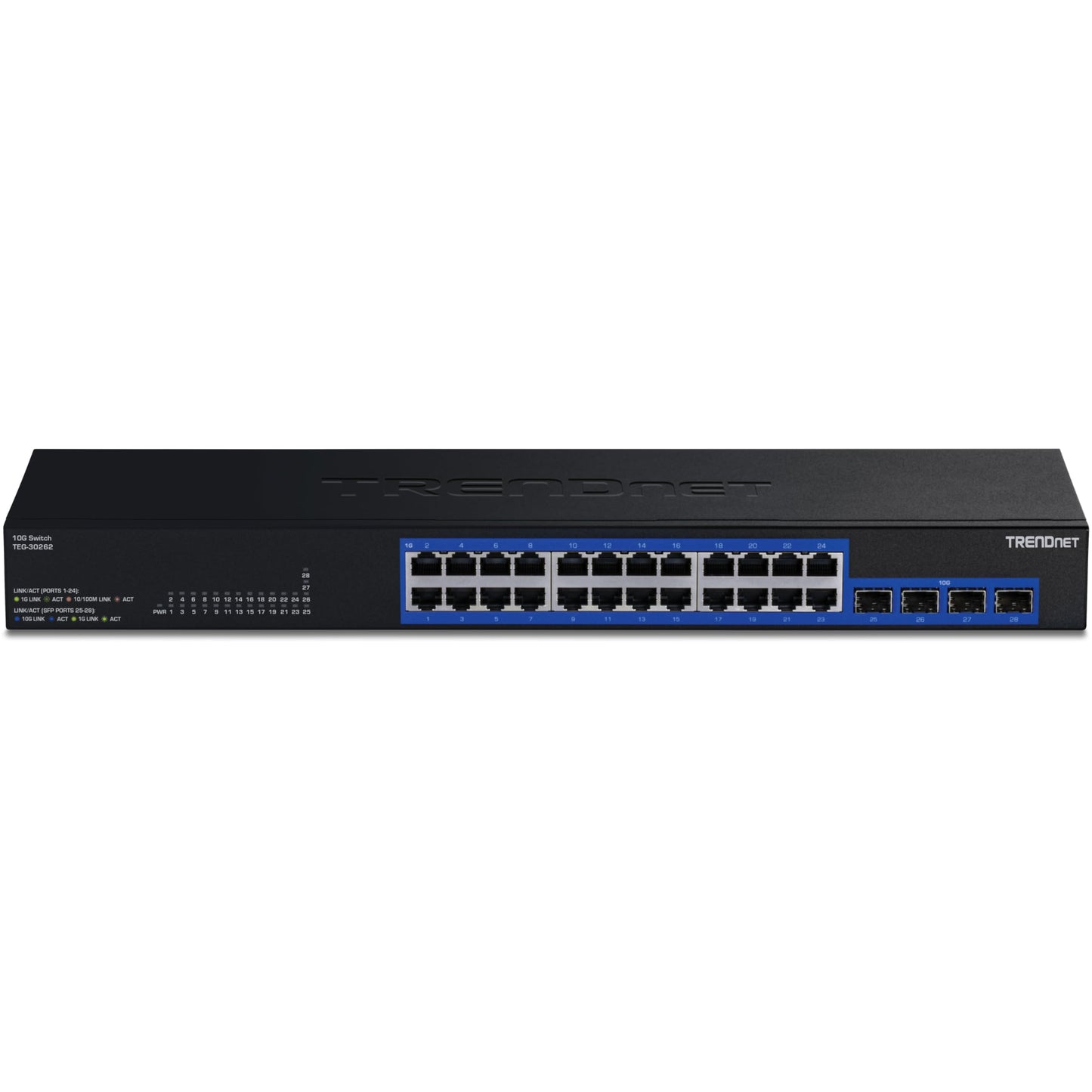 TRENDnet 28-Port Gigabit Switch with 4 x 10G SFP+ Ports, TEG-30262, 24 x Gigabit Ports, 4 x 10G SFP+ Ports, 128Gbps, 1U Rack Mountable, NDAA TAA