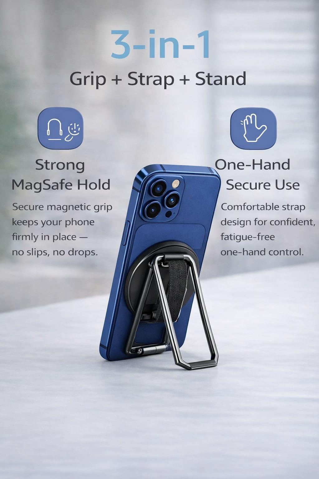 Rnta MagSafe Phone Grip Stand - 3 in 1Strong Magnetic Metal Kickstand & Finger Strap Holder for iPhone 17-12 Series