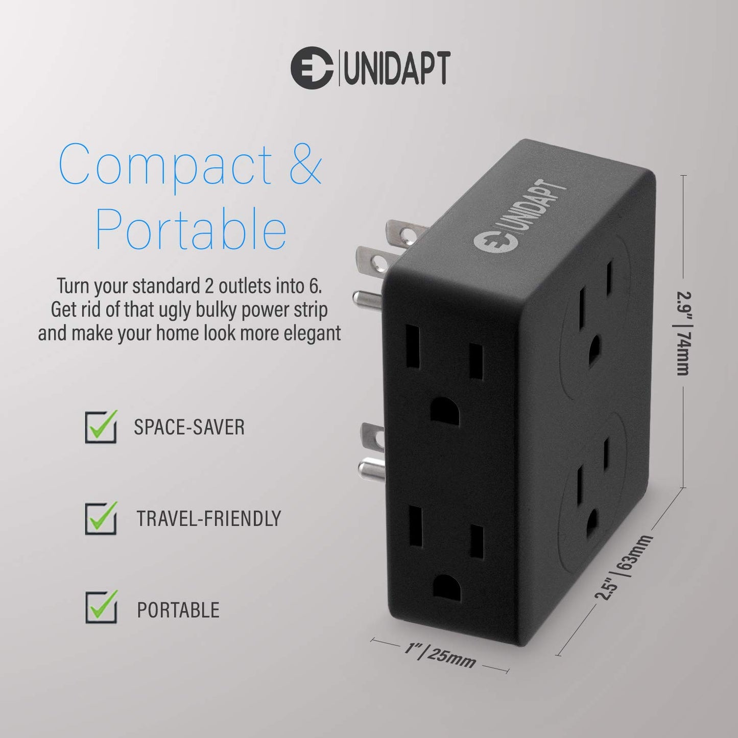 Multi Plug Outlet Splitter, Unidapt Multiple Outlets Extender Adapter with 6 AC Sockets, Side Splitter Box, Wall Power Plug Expander for Home Hotel