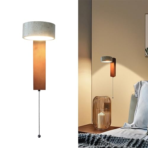 LED Wood Wall Sconce with Pull Chain Switch, Black Walnut Base with Rotatable Yellow Travertine Stone Lampshade, Built-in LED Light, Modern Rustic