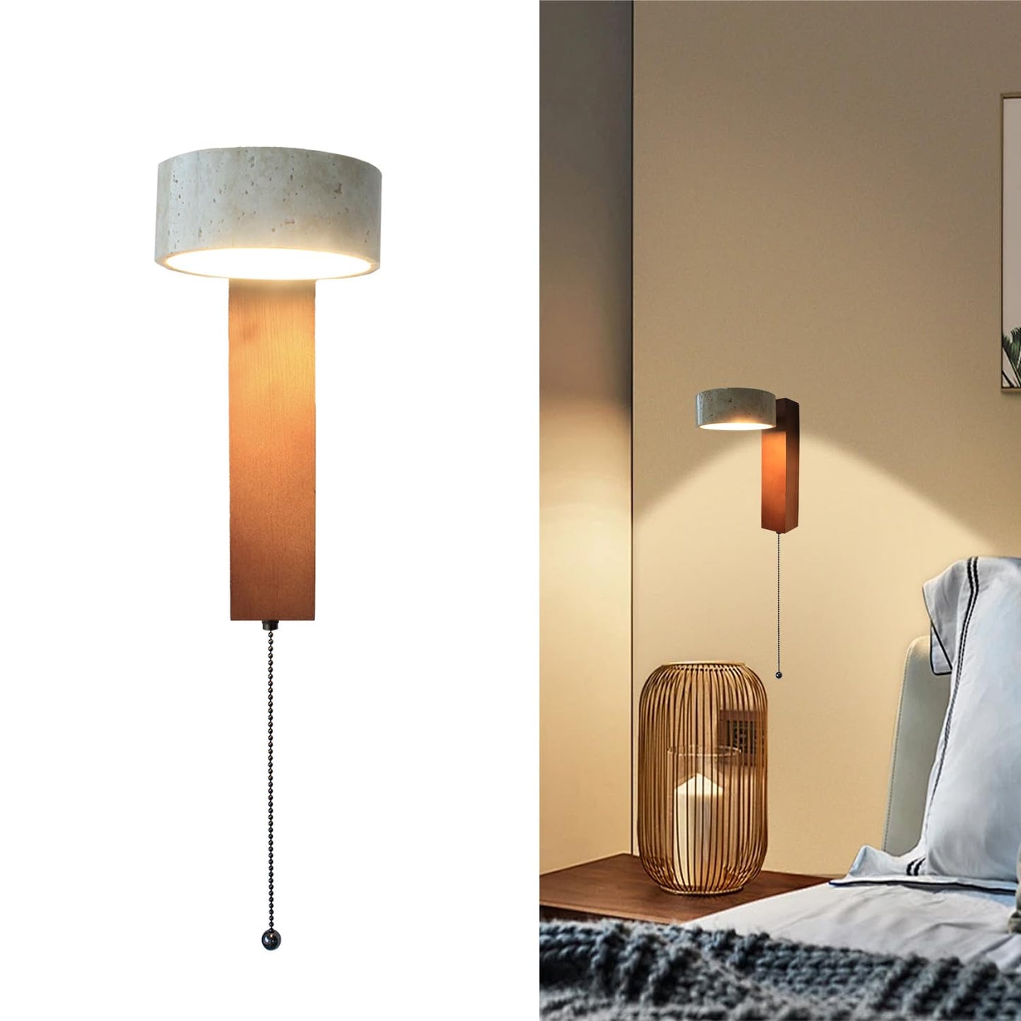 LED Wood Wall Sconce with Pull Chain Switch, Black Walnut Base with Rotatable Yellow Travertine Stone Lampshade, Built-in LED Light, Modern Rustic