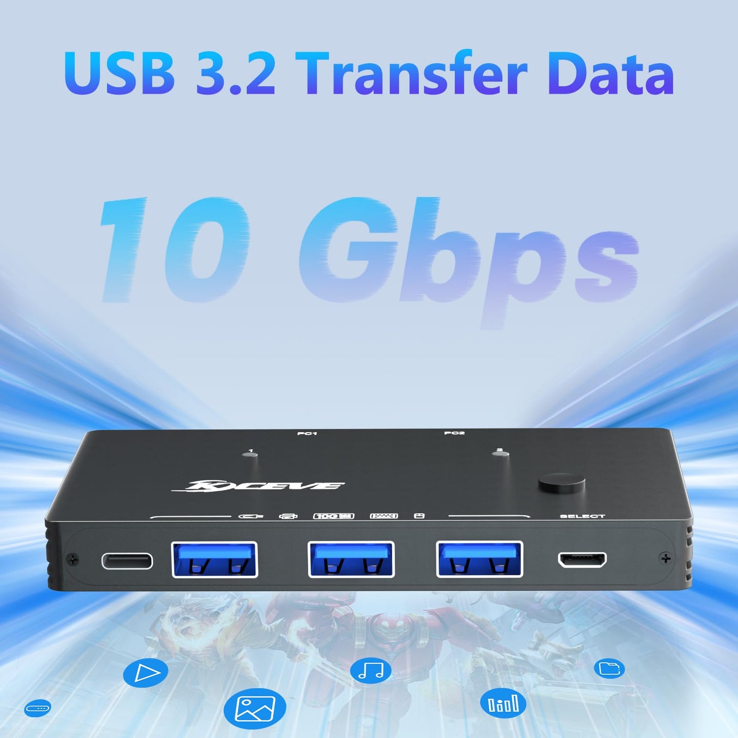 USB 3.2 Switch for 2 Laptop, KCEVE 10Gbps 2 in 4 Out USB C Switcher for 2 PC Share 4 USB Devices, Printer, Scanner, Mouse, Keyboard