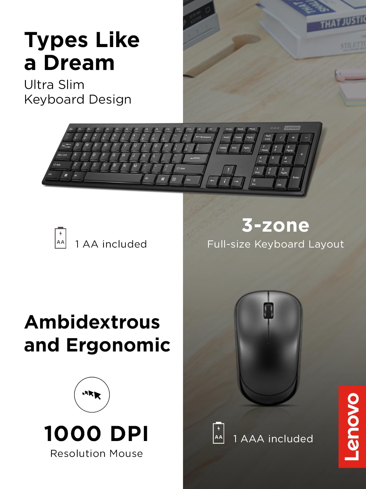 Lenovo 100 Wireless Keyboard and Mouse Combo - Cordless Set with Spill Resistant Quiet Keys - 3-Zone Keyboard - Ambidextrous Mouse - Compact Design