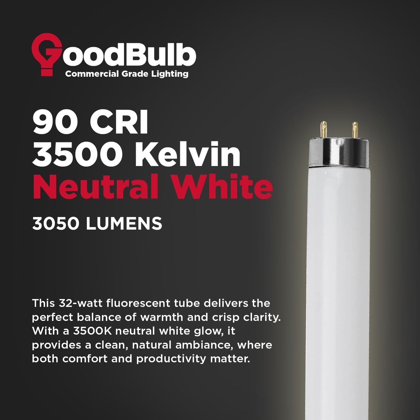 GoodBulb F32T8/835/ECO 32W 48 Inch T8 Fluorescent Light Bulb, 3500K Soft White Medium Bi-Pin Base, 3050 Lumens 86 CRI 24000 Life Hours