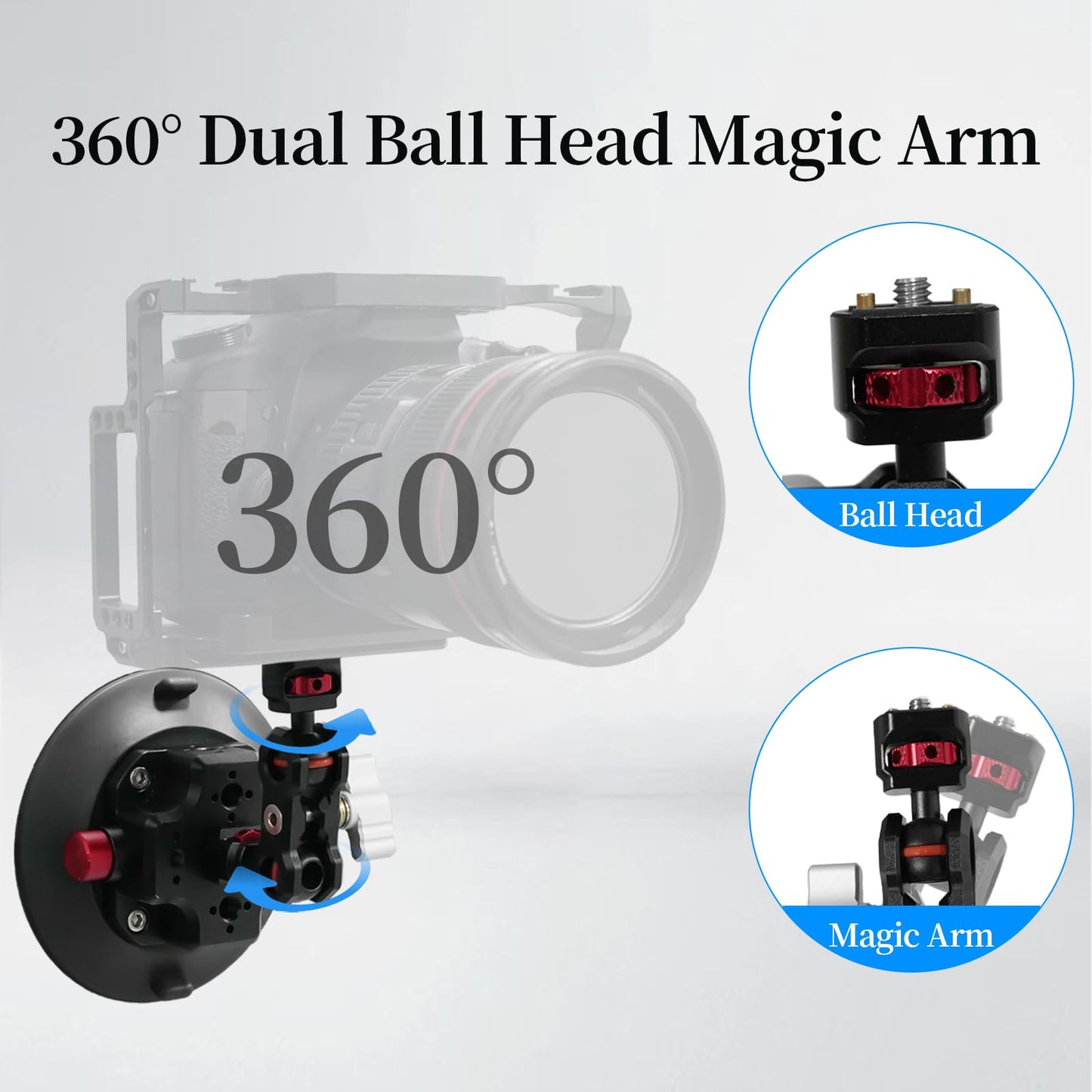 CNC Machined 4.5in Suction Cup Camera Mount with Ball Head Magic Arm, 1/4" ARRI Holes, Quick Release Car Mount with Phone Holder&Action Camera Adapter