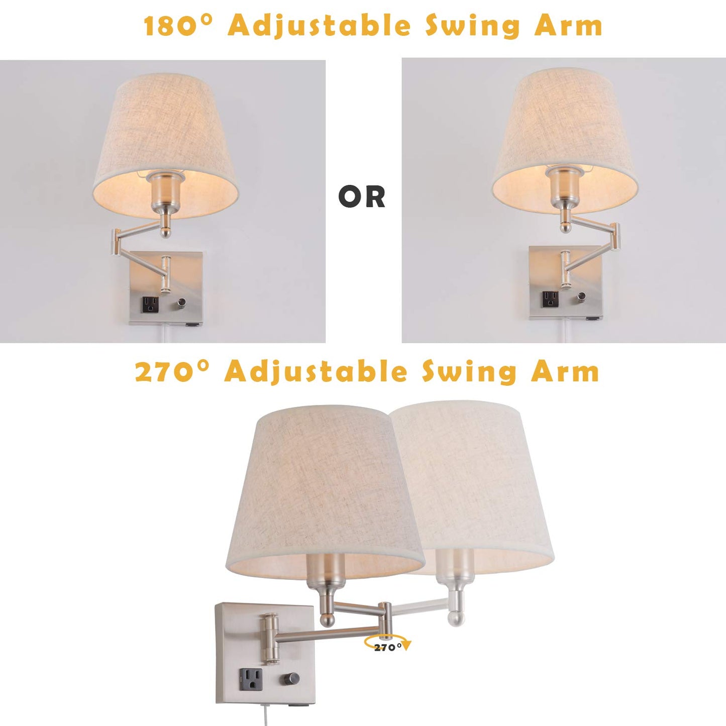 Bedside Wall Mount Light with Dimmable Switch and Outlet, Swing Arm Fabric Shade Wall Sconce Light with USB Port and Plug in Cord, Satin Nickel Wall