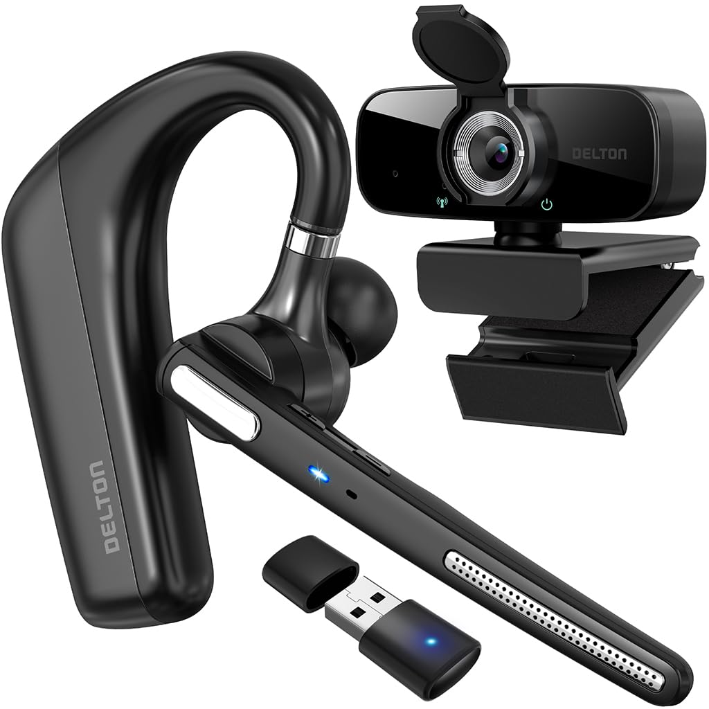 Delton Wireless Headset with 1080p Webcam, Single-Ear Bluetooth Computer Headset with Charging Case, Noise Canceling Mic, USB Dongle…