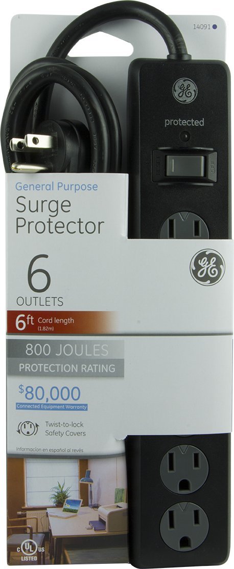 GE General Purpose 6-Outlet Surge Protector, 6 ft Extension Cord, 800 Joules, Twist-to-Close Safety Outlet Covers, Flat Plug, Protected Indicator