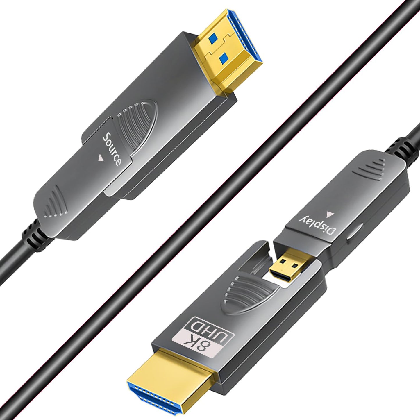 SkyeySnail 30ft 8K Fiber Optic HDMI Cable, Micro HDMI to HDMI 2.1, Detachable Type A+D, 48Gbps Ultra Speed, HDR, 3D, eARC, in Wall CL2 / CL3 Rated