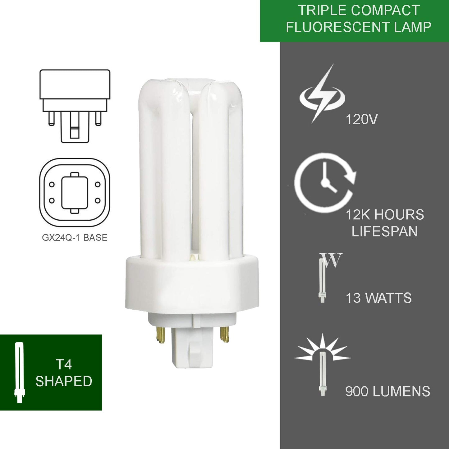 DYSMIO 13 Watt CFL Light Bulbs | 4 Pin GX24Q-1 Base 3500K Neutral White | 13W High Output 900 Lumens | Triple Tube Compact Fluorescent Light Bulbs