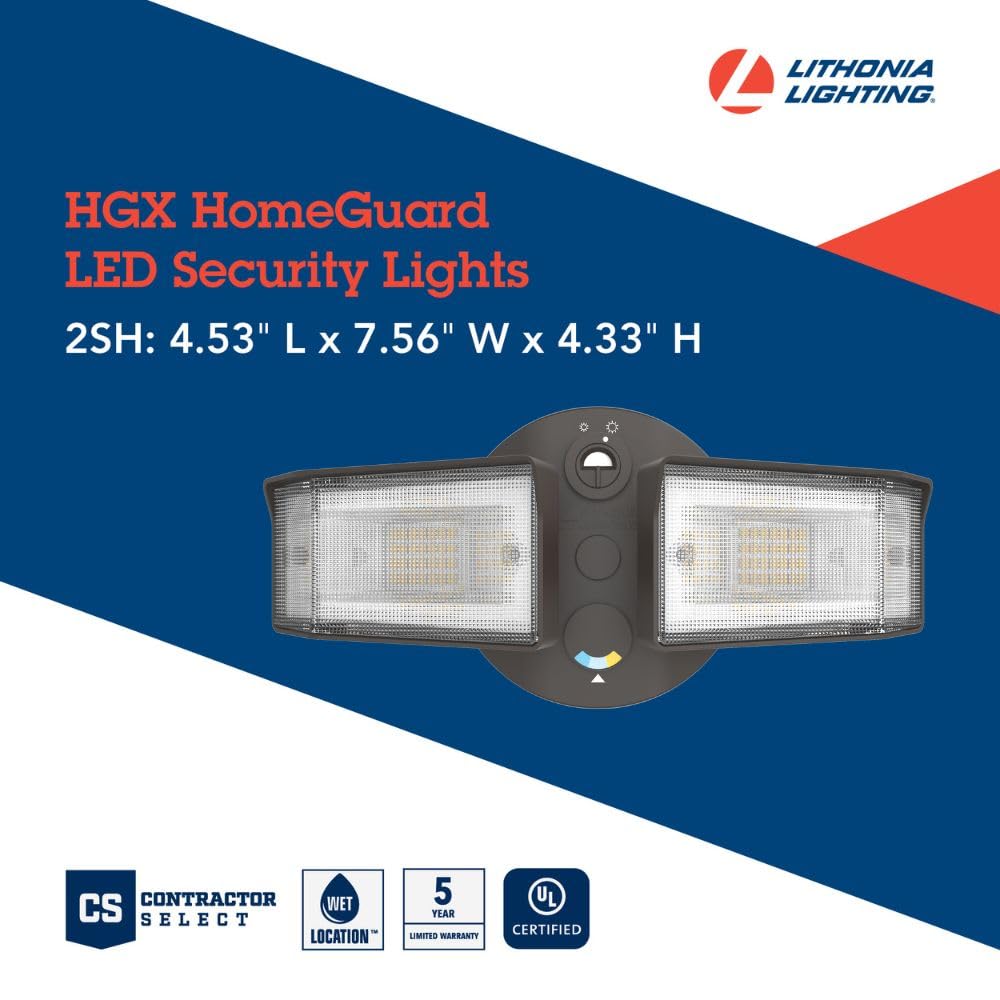 Lithonia Lighting HomeGuard 2-Light LED Outdoor Flood Lights, Outdoor LED Lights, Dusk to Dawn Sensor, Adjustable Lumens, Selectable Color, Square
