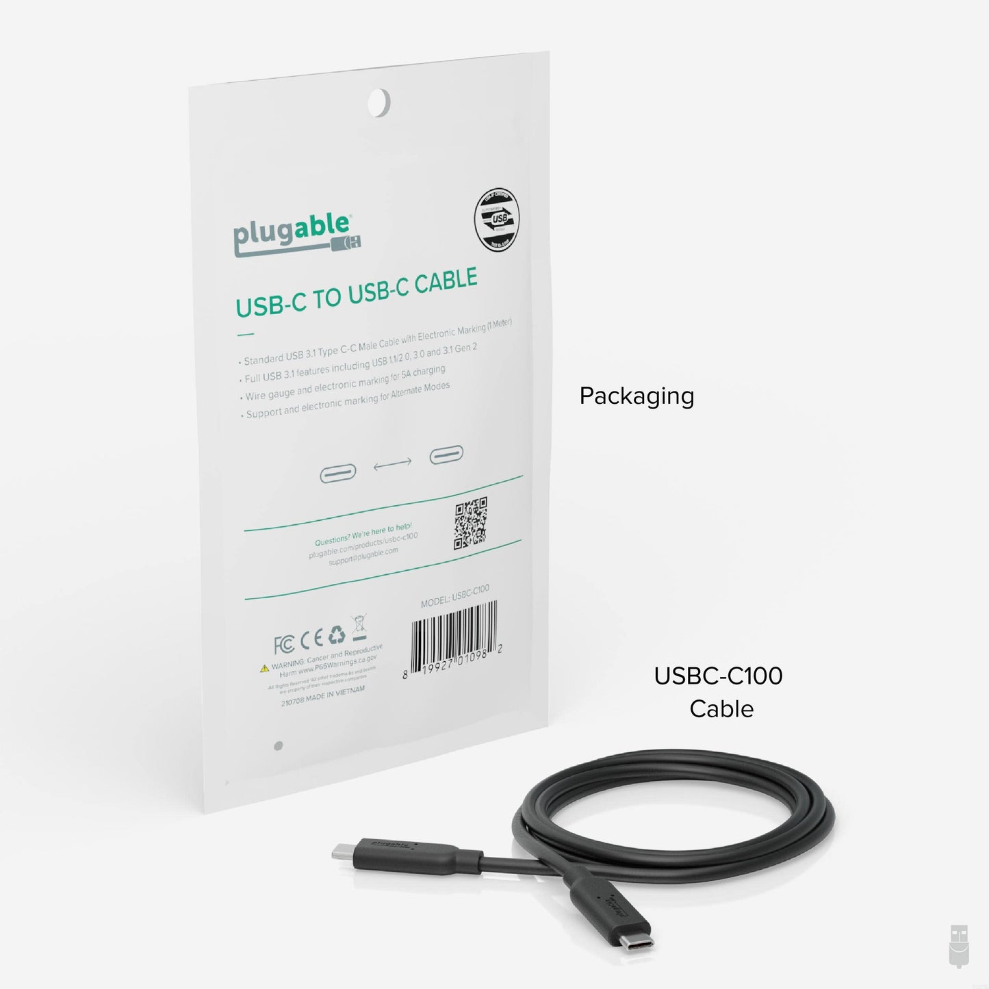 Plugable 10Gbps USB C to USB C Cable, 3.3 feet (1 Meter), 5A, USB-IF Certified, USB 3.1 Gen 2 Type-C - Driverless
