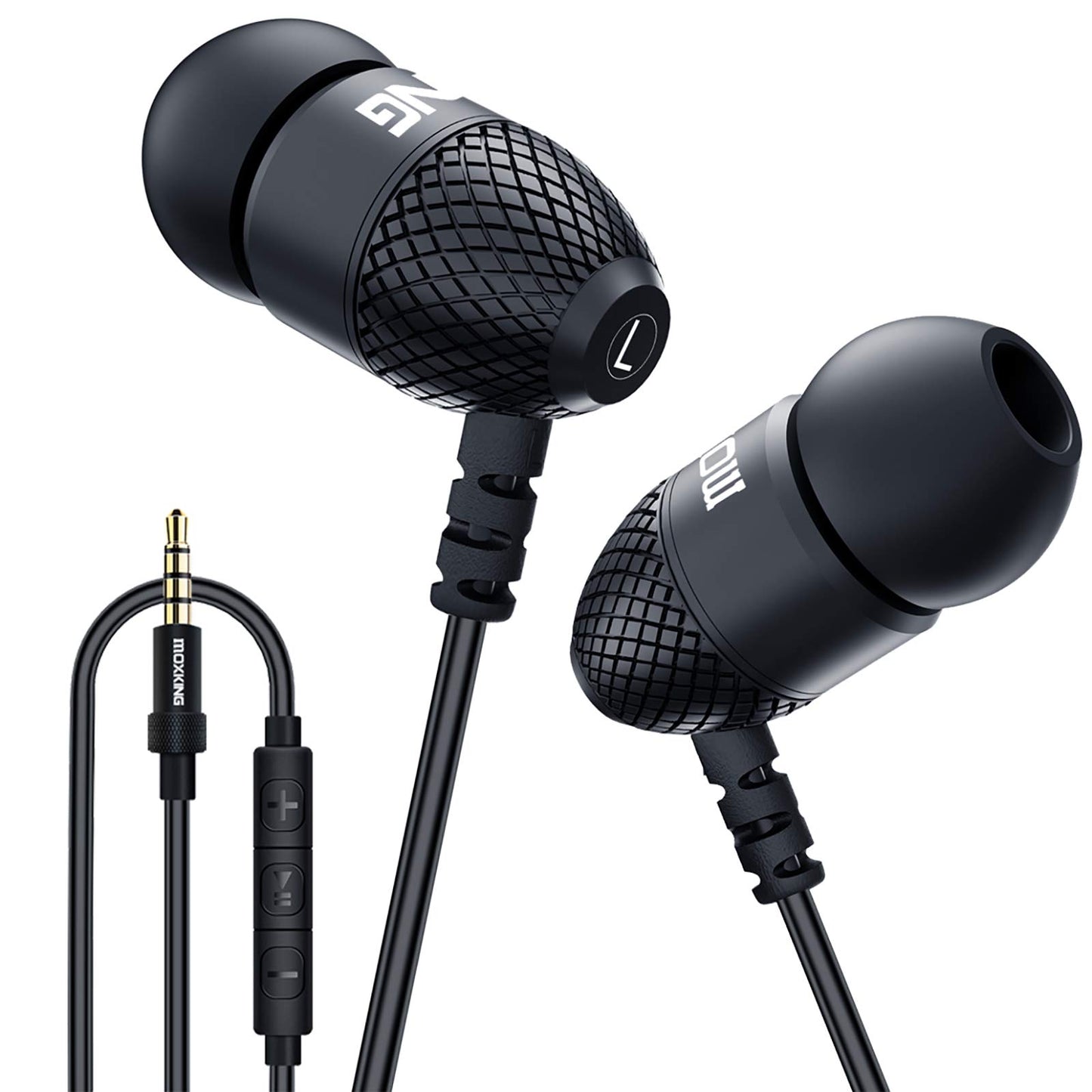 MOXKING Wired Durable Metal Earphones Earbuds w Microphone and Volume Control, Deep Bass Clear Sound Noise Isolating in Ear Headphones, Ear Buds