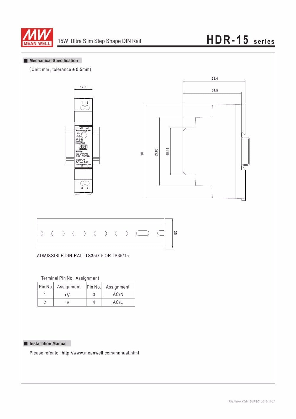 MEAN WELL Ultra Slim Step-Shape 1SU DIN Rail Power Supply, 12V 1.25A 15W - HDR-15-12