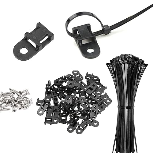 60 Set Cable Zip Tie Mounts Kit Black 6" Zip Ties, Black Cable Tie Base and Tapping Screw - Wire Cable Clips Organizer Holders Clamps