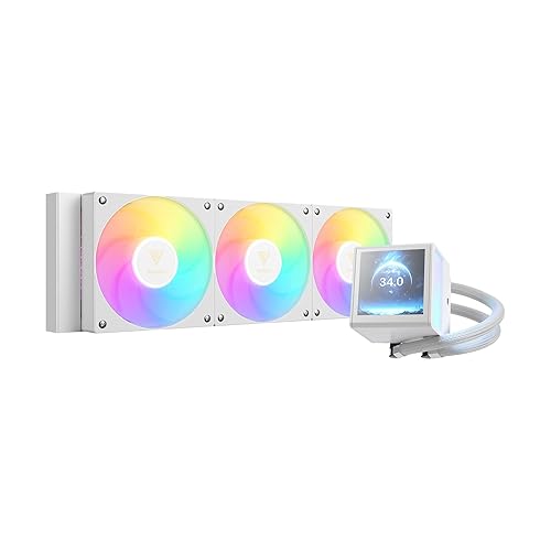 GAMDIAS CHIONE P5-360 Liquid CPU Cooler, 360mm AIO w/Customizable 3.4'' IPS LCD, Rotatable Magnetic Pump, Hidden Cable Fan (Daisy-Chained), Support