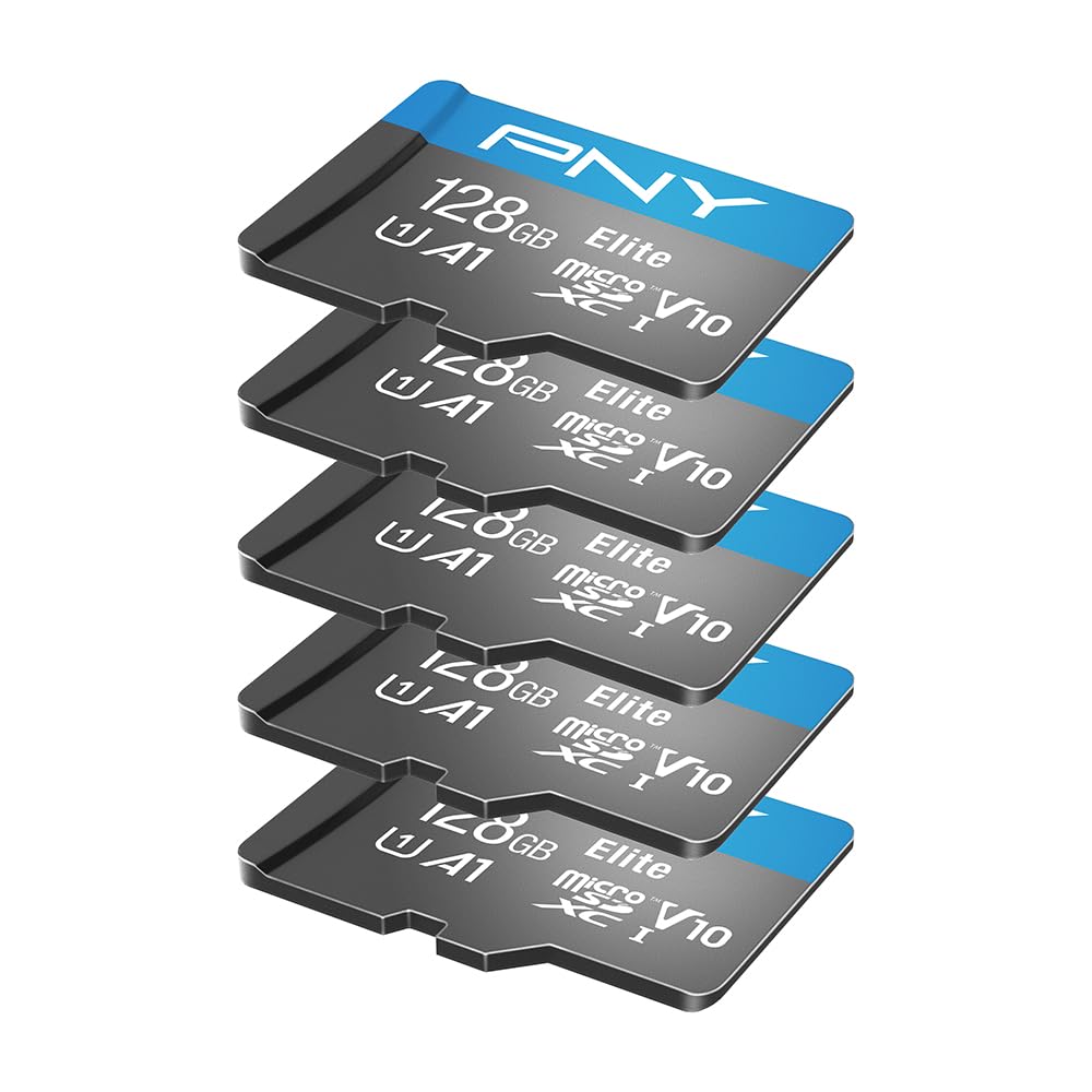 PNY 128GB Elite™ Mobile Accessories Class 10 U1 V10, A1 microSDXC Flash Memory Card for Mobile Devices - 100MB/s, Full HD, UHS-I, Micro SD 5-Pack