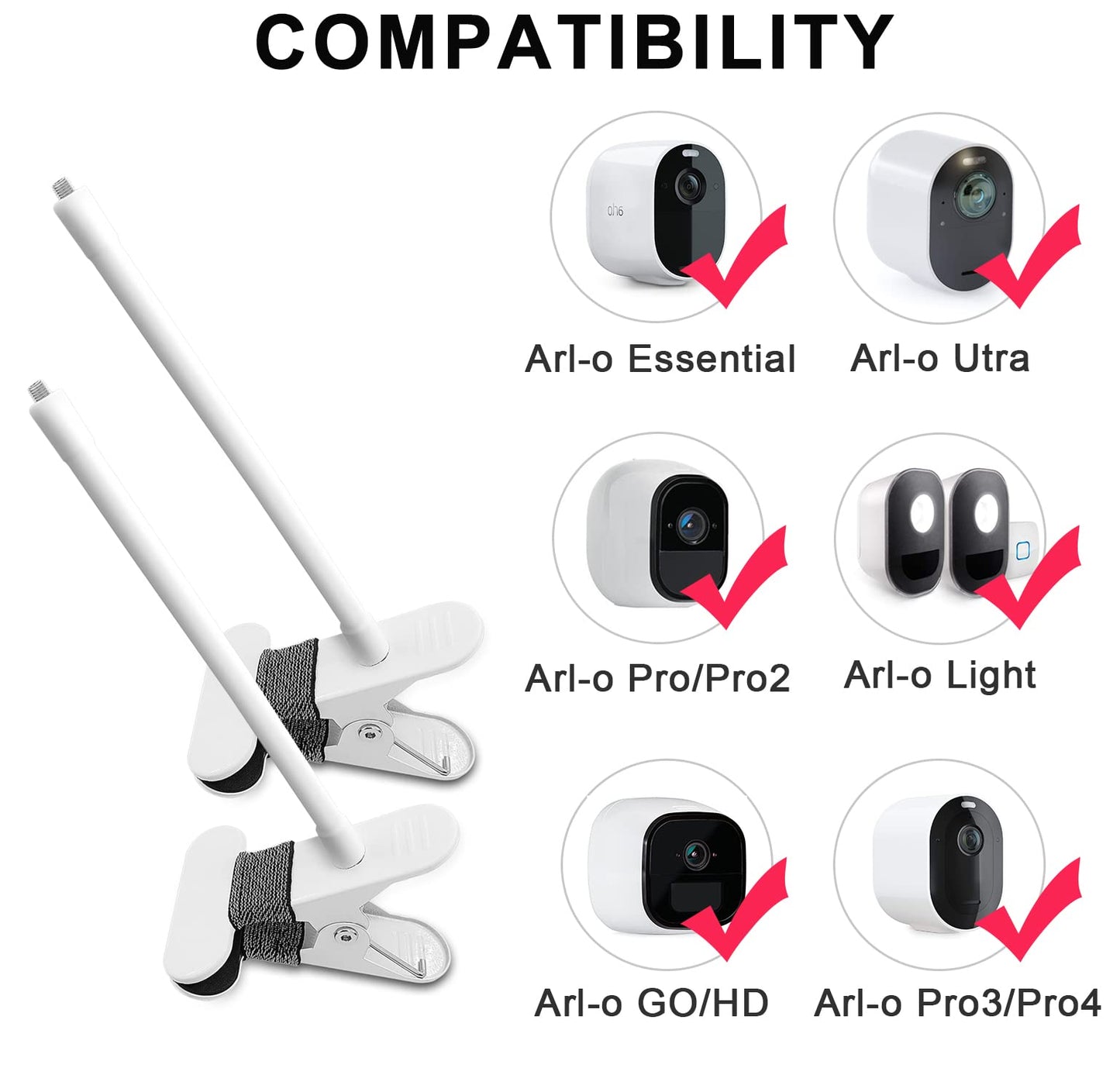 AOZTSUN 2Pack Flexible Clamp Mount Compatible with Arlo Cam, Arlo Pro/Pro 3/Ultra/Ultra 2, & Others - Flexible Gooseneck Mounting Bracket - No Tools