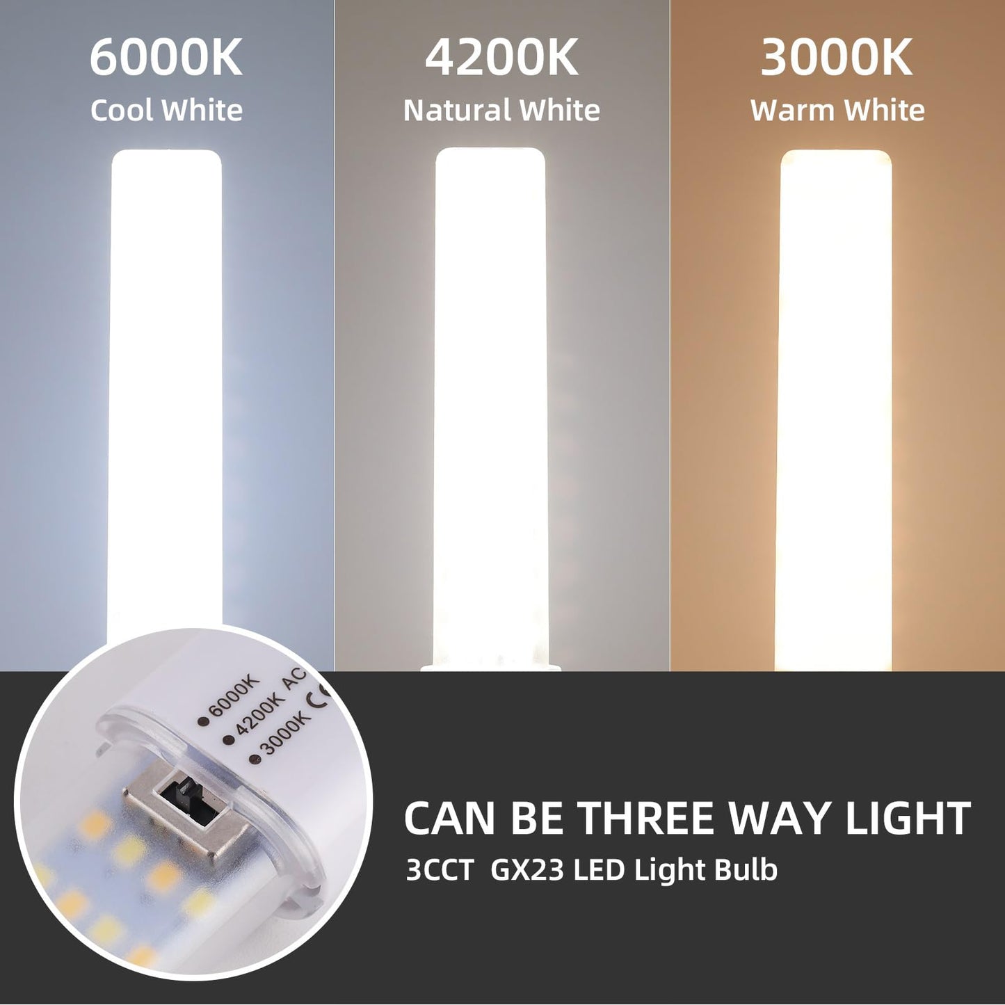 Lidesheng GX23 LED Light Bulb 6W Replacement 13W CFL LED Stick PL Bulb GX23-2 Pin Base, 3 Color Selectable 3000K/4200K/6000K 360° Beam, Driven by