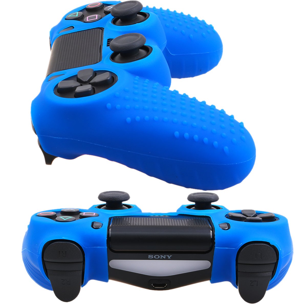 YoRHa Studded Silicone Cover Skin Case for Sony PS4/slim/Pro Dualshock 4 Controller x 1(Blue) with Pro Thumb Grips x 8