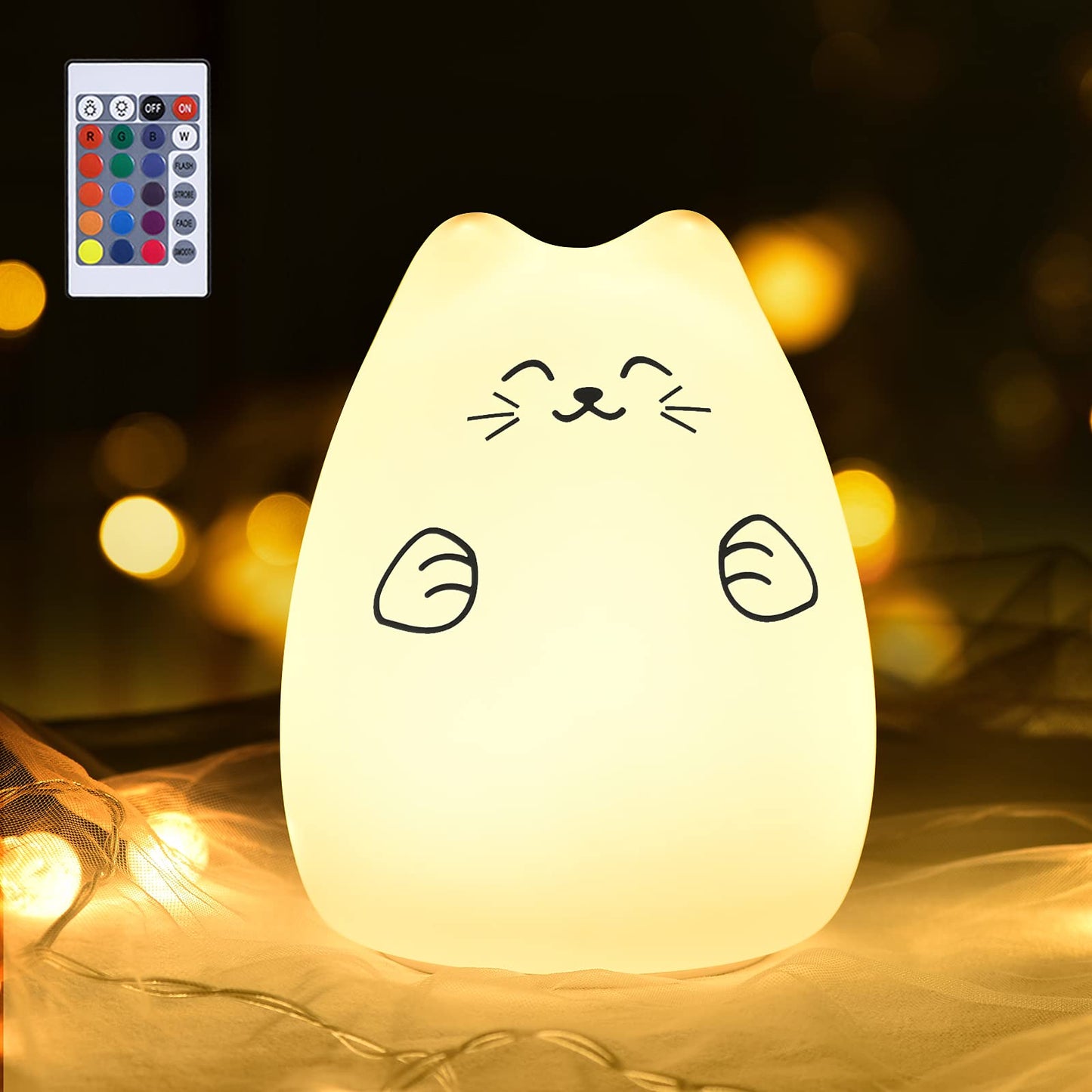 GoLine Cute Night Lights for Kids, Best Christmas Birthday Gifts for 3-12 Year Old Girls Teen, Cat Silicone Baby Night Light for Newborn, Remote