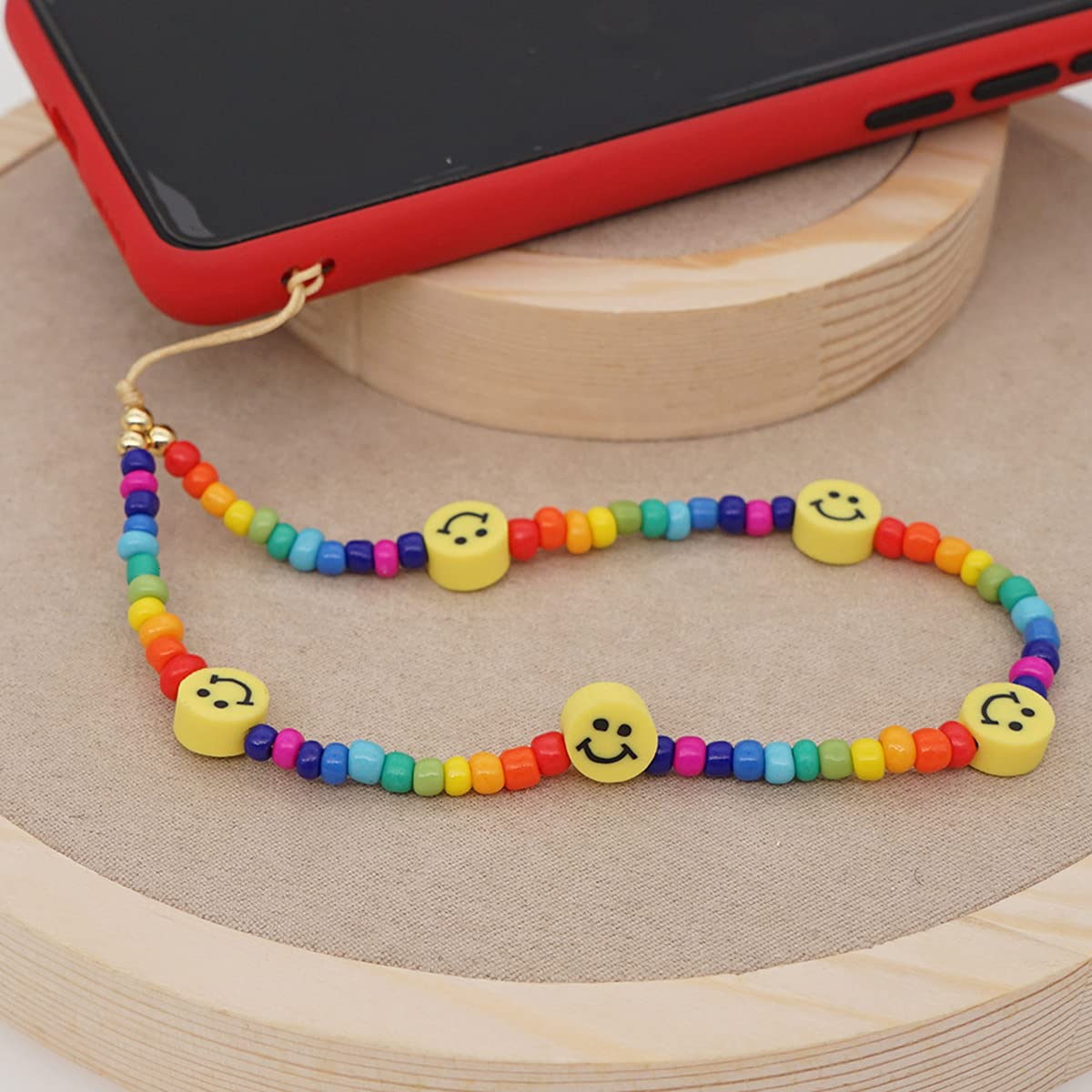 Taouzi 6 Pcs Beaded Phone Charms Strap Faux Pearl Face Fruit Star Rainbow Beaded Phone Lanyard Wrist Strap Beaded Lanyard for Phone Camera Key Wallet