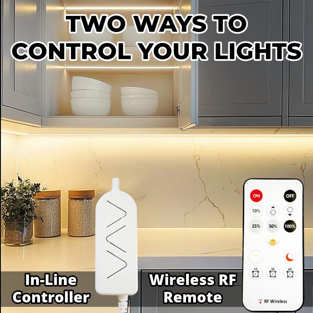 GLOWTRACE COB LED Strip Light Kit - 16.4ft Warm White (3000K), Dimmable with RF Remote, Peel & Stick DIY, Under Cabinet Lighting, LED Lights