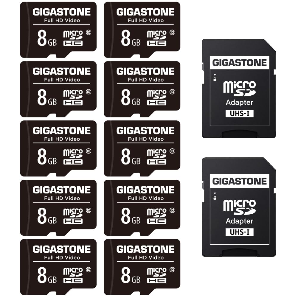 GIGASTONE 8GB Micro SD Card 10-Pack, Full HD Video, Surveillance Security Cam Action Camera Drone, 80MB/s Micro SDHC Class 10
