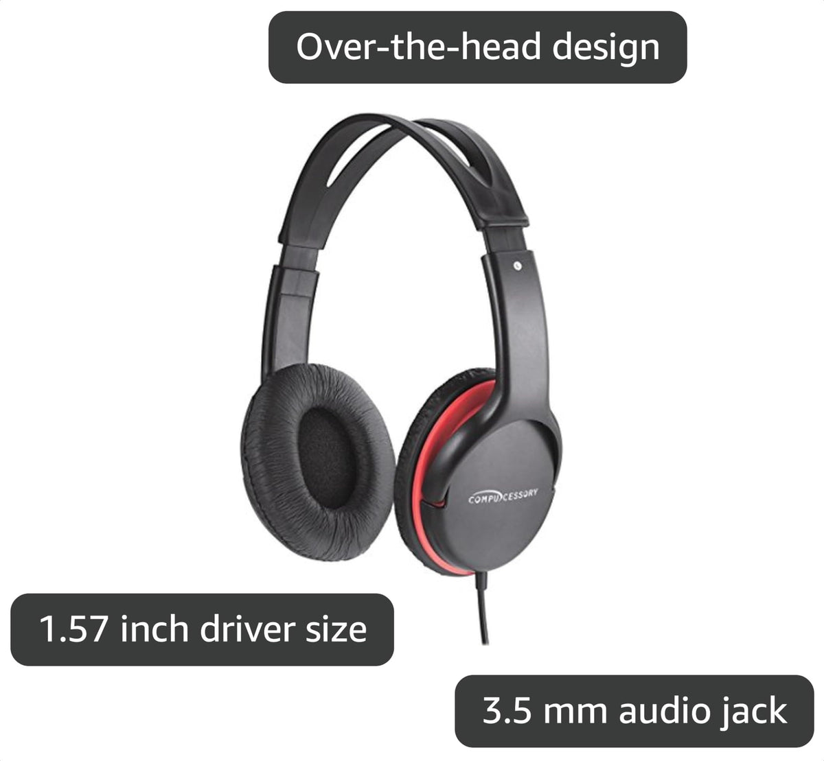 Compucessory Stereo Headset with Volume Control, Black, Red