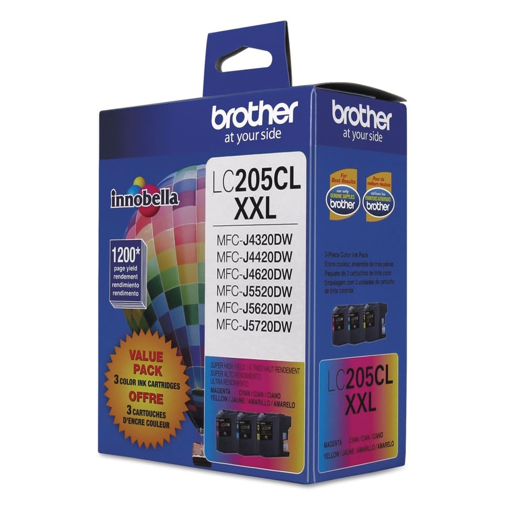 Brother LC205 Innobella Super High-Yield XXL 3-Color Ink Cartridges Set, 1200 Pages Yield/Cartridge, Cyan, Magenta & Yellow