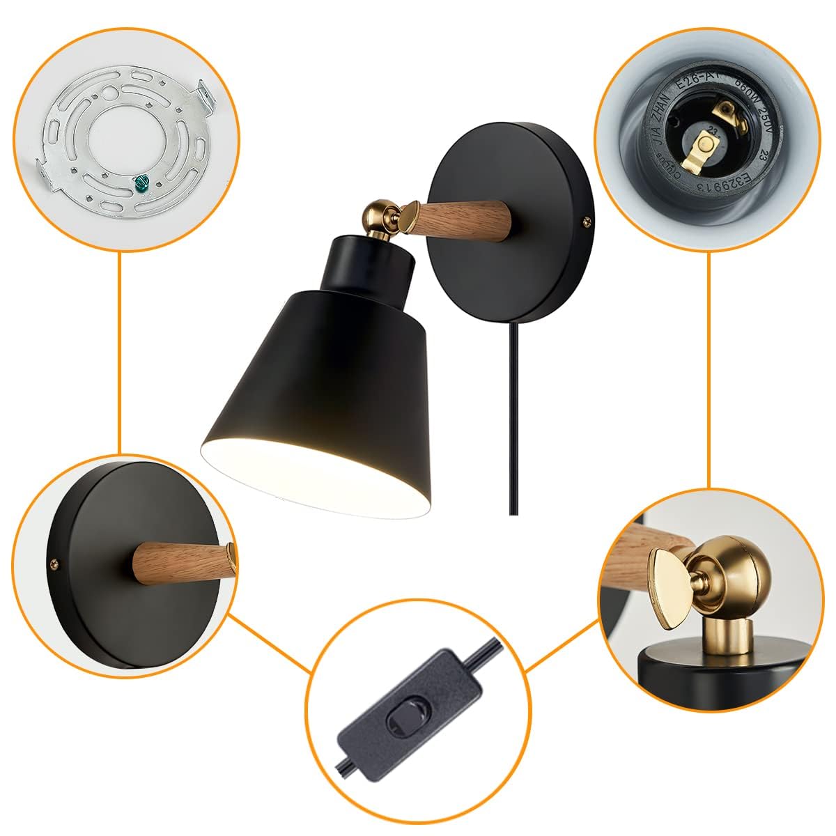 ClanKin Plug in Wall Sconces Lighting Set of 2, Black Wood Style Wall Sconce Reading Lamp, Adjustable Wall Light for Bedroom Hallway Living Room (2