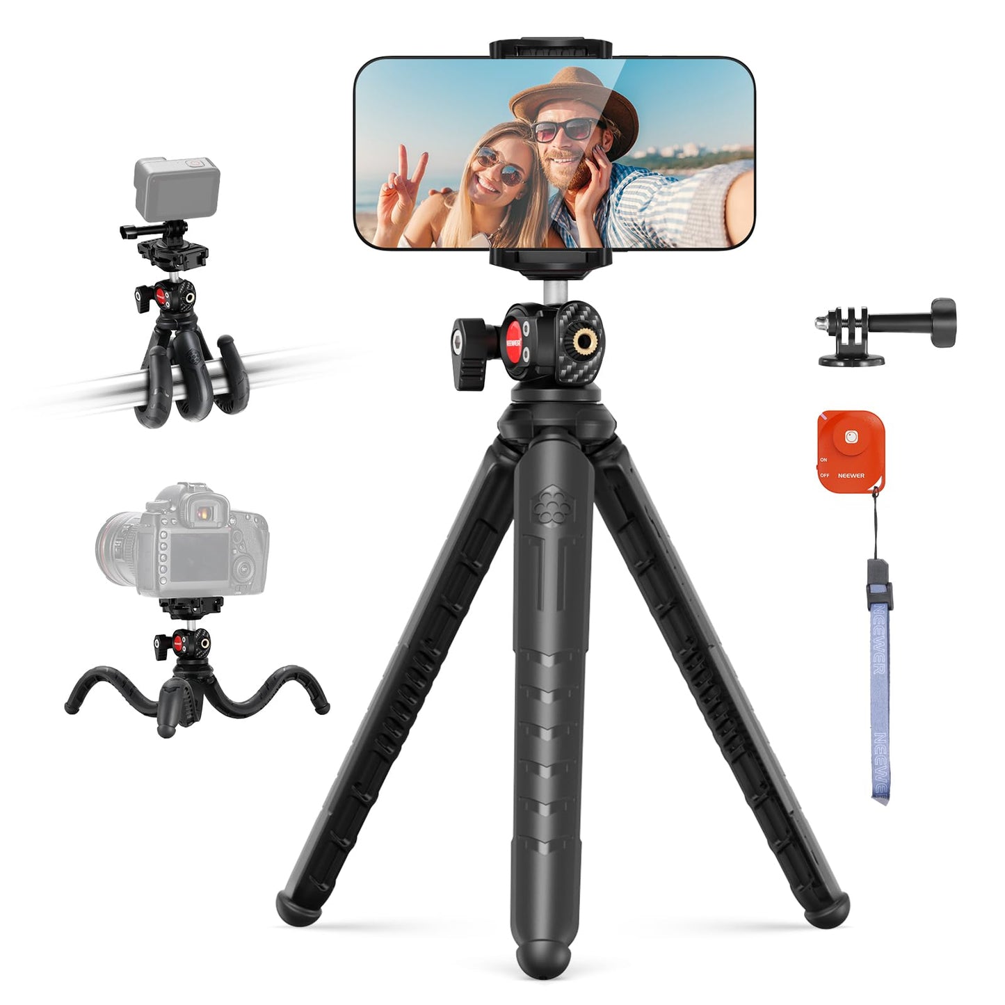 NEEWER Tripod for iPhone with Remote, Mini Flexible Phone Tripod Stand Vlog Selfie Stick with Phone Holder & Action Camera Adapter Compatible