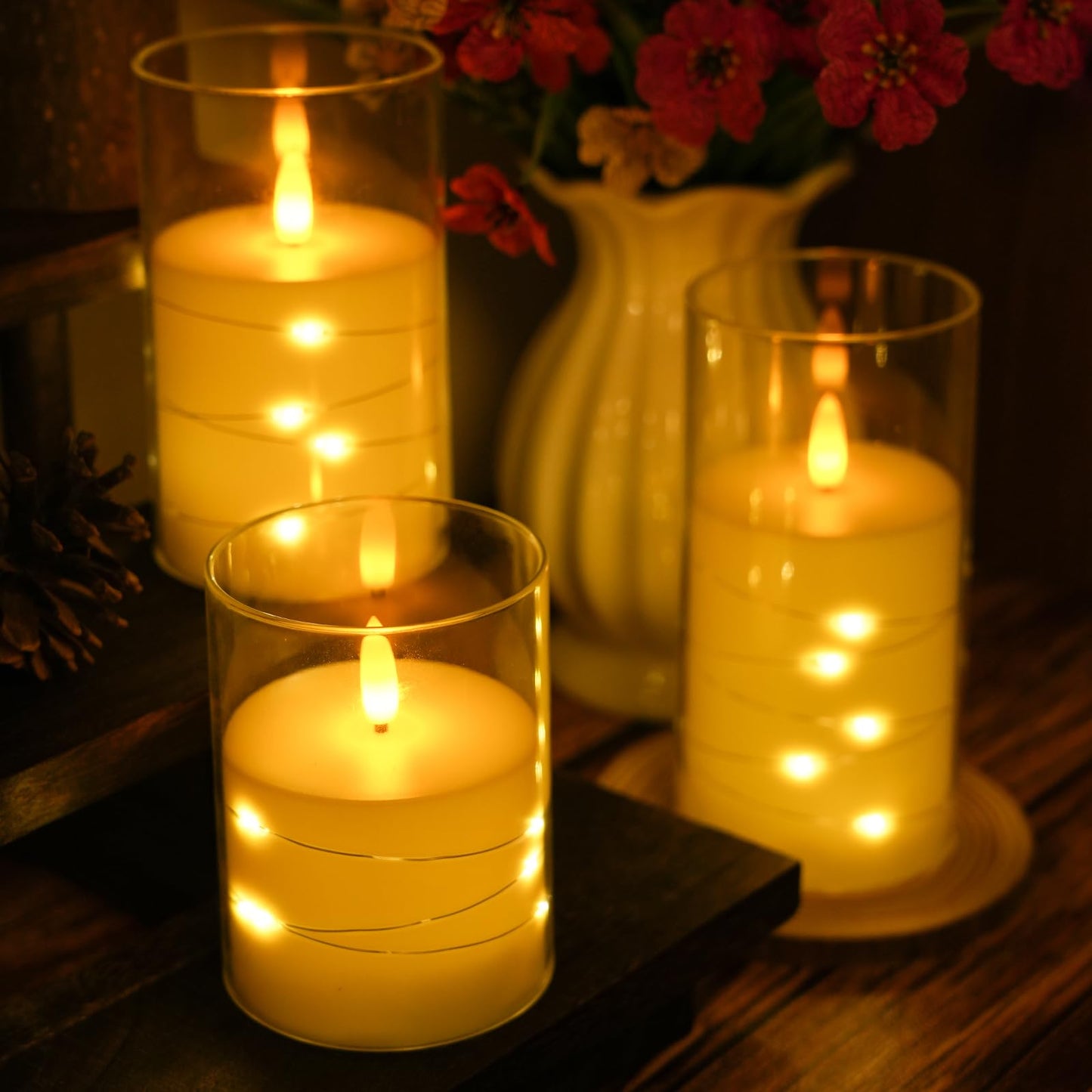 Homwamee Flickering Flameless Candles with Remote Timer- LED Candles Set of 3(4”/5”/6”), Battery Powered Candle in Glass Safe