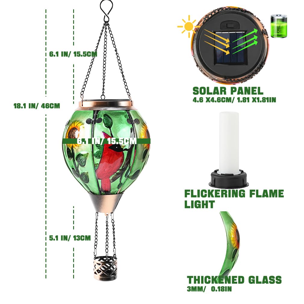 Hot Air Balloon Solar Lantern - Cardinal Bird Glass Lantern, Simulated Flickering & Dancing Flame, Outdoor Hanging Yard Light Waterproof IP65