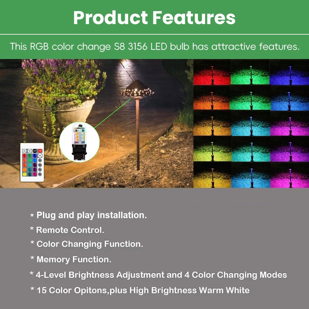 Makergroup RGB S8 3156 Wedge Base LED Light Bulbs Color Changing, Warm White+15 Multi-Colors and Dimmable on Remote Control, Weatherproof for Outdoor