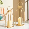 Perfnique Modern Farmhouse Lantern Decor, 15'' 12.6'' Set of 2 Gold Metal Lanterns, 2 LED 6hr Timer Flameless Candles ? Remote Timer, Lanterns
