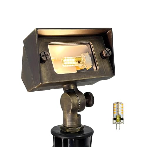 COLOER Brass Small Rectangular Flood Lights Outdoor with 3W 2700K Warm White LED G4 Bulb, 12V Low Voltage Landscape Outside Lights for House