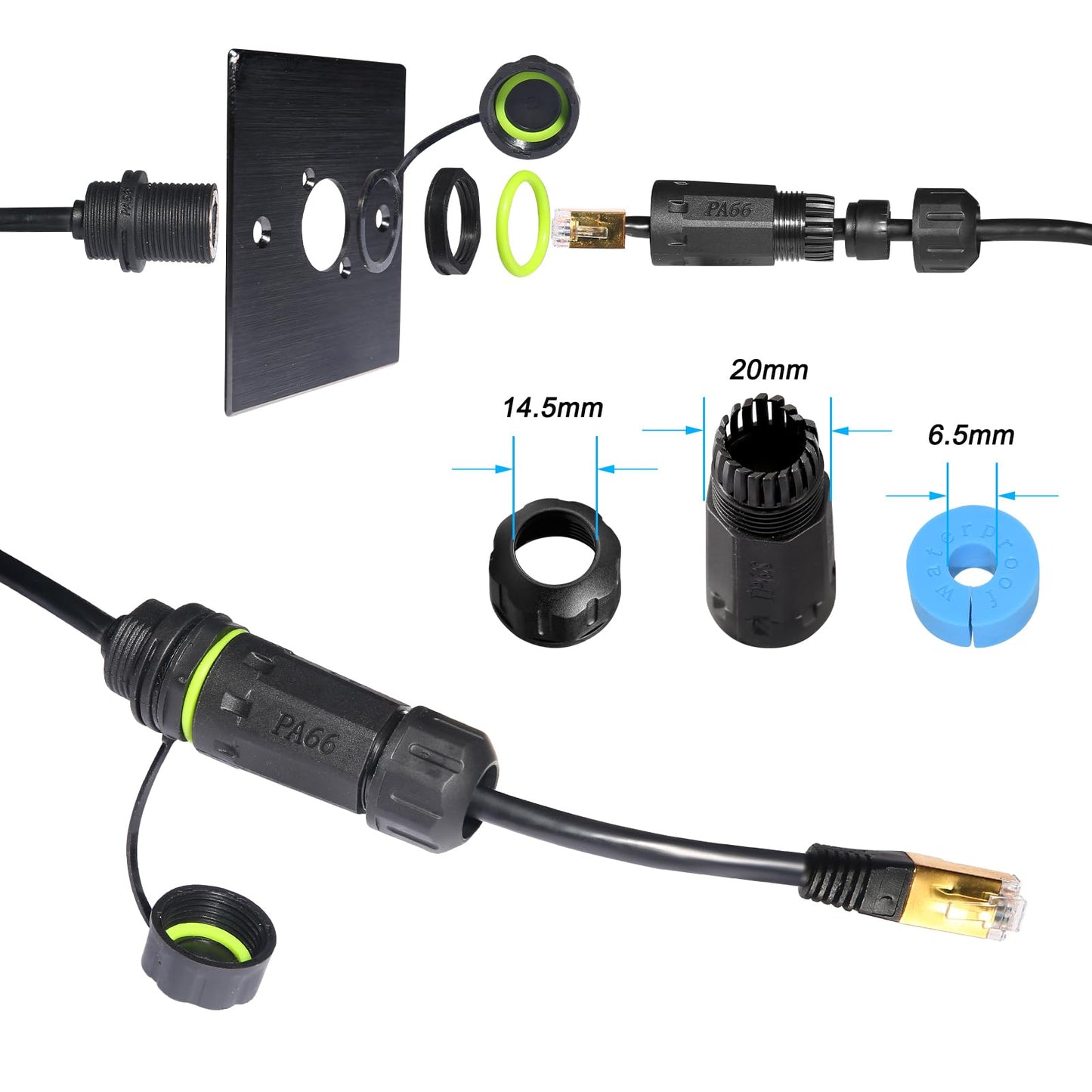 ELifeApply RJ45 Panel Mount Waterproof Connector IP68 Cable Connector with Wire, Female to Female, with Shielding Cable Coupler-CAT6-M20-Green-1 PC